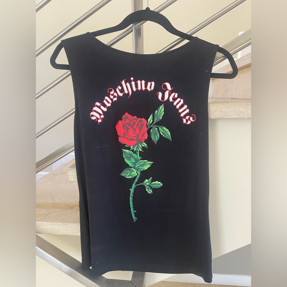 VINTAGE Moschino Black FRINGE Top with Red Rose